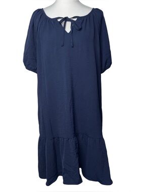 DKNY Navy Blue Shift Dress Size 16 Tie Front Ruffle Hem NWT  100% Polyester  New